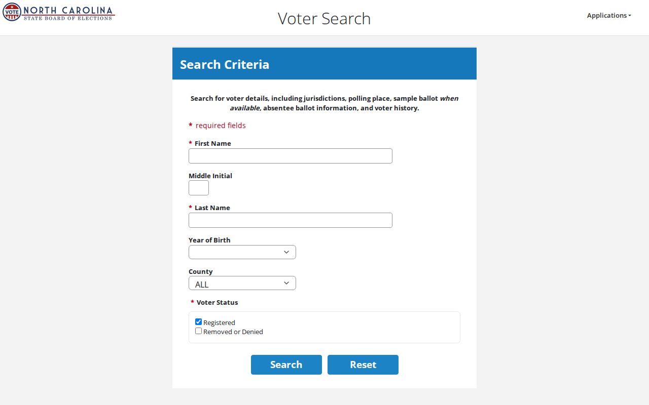 Greenville voter registration records search form from North Carolina